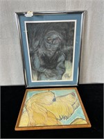2pc Charcoal or Pastels Art: Astronaut, Dog