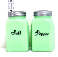 Pair jadeite square salt/pepper shakers black font