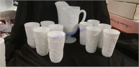 White Milk Glass Pitcher & Drinking Glasses