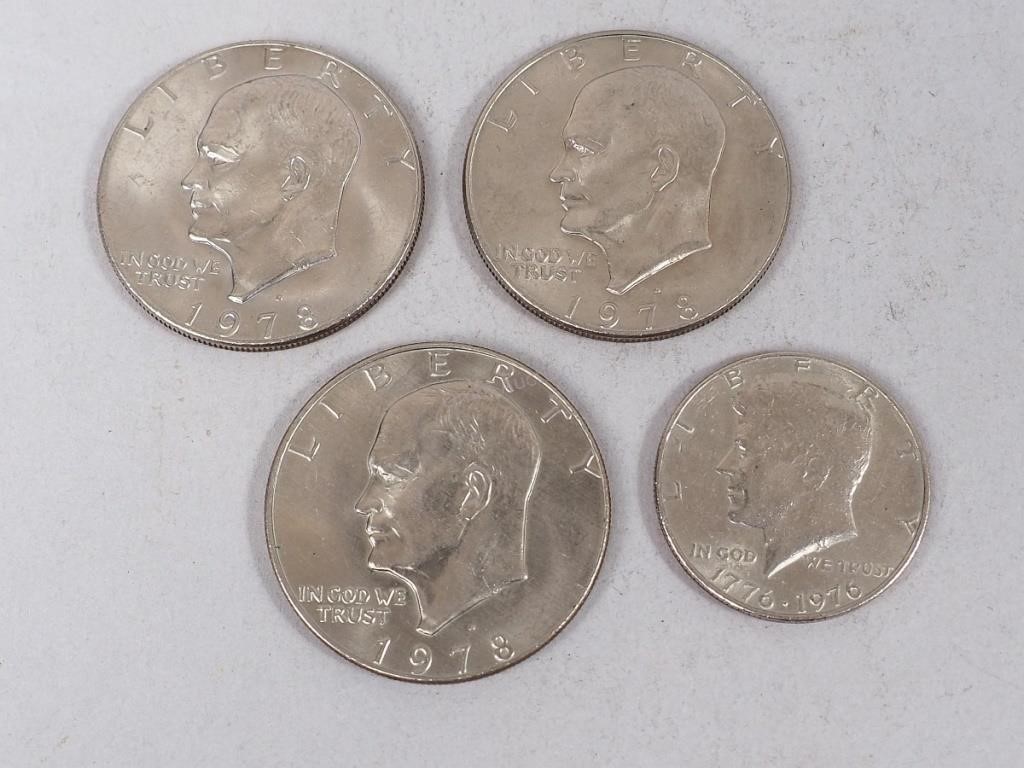 3 Eisenhower Dollars & 1 Kennedy Bicentennial Half