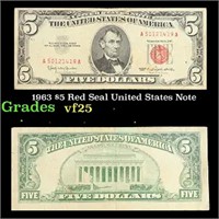 1963 $5 Red Seal United States Note Grades vf+