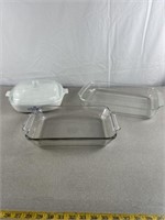 Pyrex and anchor ovenware baking dishes. One is