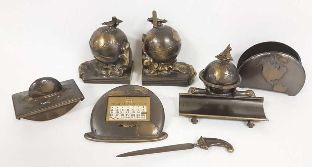 7 piece plane & boat motif desk set with inkwell,