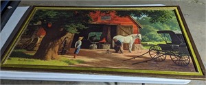 Large Framed Painting of Blacksmith's Shop
