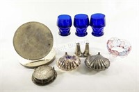 Blue Cobalt Glasses & Silver Plate Trivets,Shakers