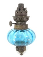 Antique Peg Oil Lamp w Blue Optic Glass