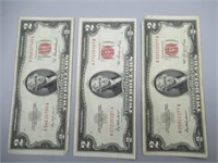 (3) 1953 US $2 Red Seal Notes.