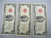 (3) 1928G US $2 Red Seal Notes.