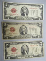(3) 1928D US $2 Red Seal Notes.