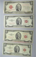 (4) US $2 Red Seal Notes. Series: 1928F and (3)