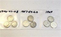 SILVER Roosevelt Dime Lot x 9 1946-1964