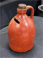 19th C. redware jug penny bank.