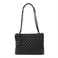 CHANEL Calfskin Black Leather Quilt Tote Handbag