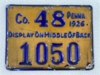 1926 PA RESIDENT METAL HUNTERS LICENSE TAG: