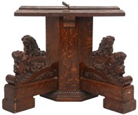 Figural Carved Oak Split Pedestal Dining Table Bas