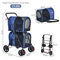 4-in-1 Double Pet Stroller w/ Detachable Carrier