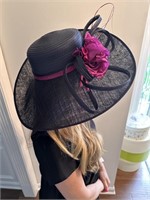 Navy Hat with Plum Flower / ribbon by Giovannio