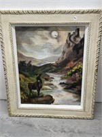 framed art, deer by creek, signed, 22 x 26