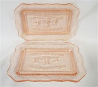 (2) Super Thick Pink Glass Bread Plates - "Give Us