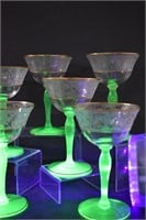 6 Vintage Etched Wine Glass Uranium Stemware