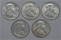 5 - Franklin Silver 90% Half Dollars
