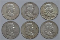 6 - Franklin Silver 90% Half Dollars