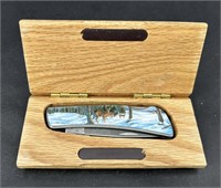 Deer Scene Collectible Pocket Knife In Wooden Box