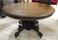 Neo Renaissance Beast Carved Oak Pedestal Table.