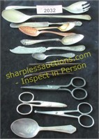 Lot vintage silver ware & scissors, tweezers