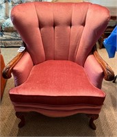 Mid Century Wing Back Chair with Carved Wooden