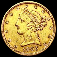 1906-D $5 Gold Half Eagle NEARLY UNCIRCULATED