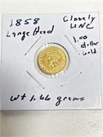 1858 Large Head $1 1.66 Grams Gold Closely UNC