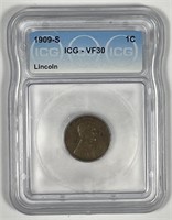 1909-S Lincoln Wheat Cent Very Fine ICG VF30
