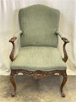 Vintage Carved Wood Upholstered Arm Chair