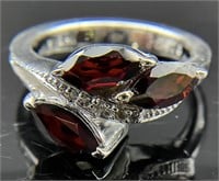 Red & Clear Stone Sterling Ring, Sz 6