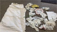 Group lot of linens including a white cotton bed