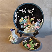 Asian Cloisonne Enamel Items -Small Vase & Plates