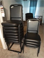 10 Black padded stack chairs with cart