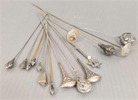 15 antique silver hat pins including Art Nouveau,