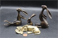 4 Cast Bronze Bunnies & Brass Hound Dog Figurines