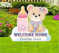 C8698  Welcome Home Baby Girl Teddy Bear Yard Sign