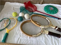Game rackets, balls, butterfly nets
