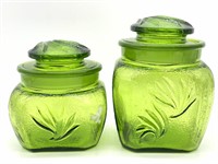(2) Green Glass Canisters 5.5" and 7”