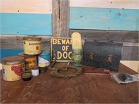 VINTAGE LUNCH BOX & TIN BEWARE OF DOG SIGN