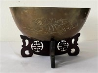 Antique Old China Brass Bowl & Wood Stand. Bowl