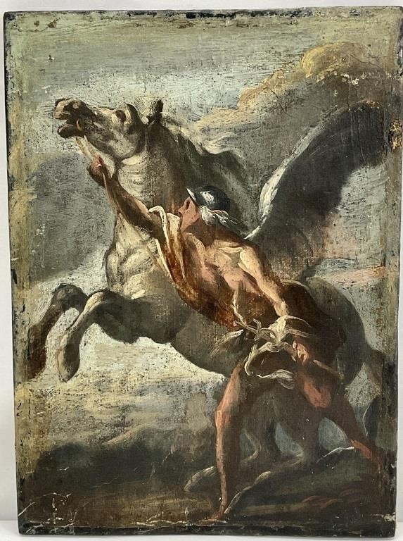 Antique Mythical Man And Winged Stallion Painting