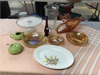 Box Lot Carnival Glass, Cake Plate, Swan, Etc