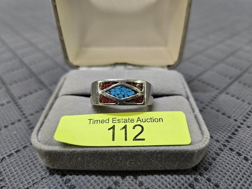 NATIVE AMERICAN TURQUOISE AND CORAL RING, SZ-11