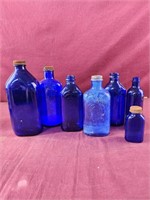 Cobalt blue vintage bottles lot of 7, milk of