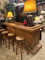 Large Oak Wood Bar with 5 Stools